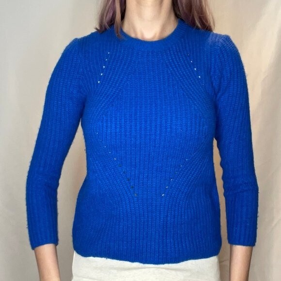 Forever 21 Cropped 3/4 Length Sleeve Chunky Blue Pullover Sweater Small SM S - Picture 1 of 12